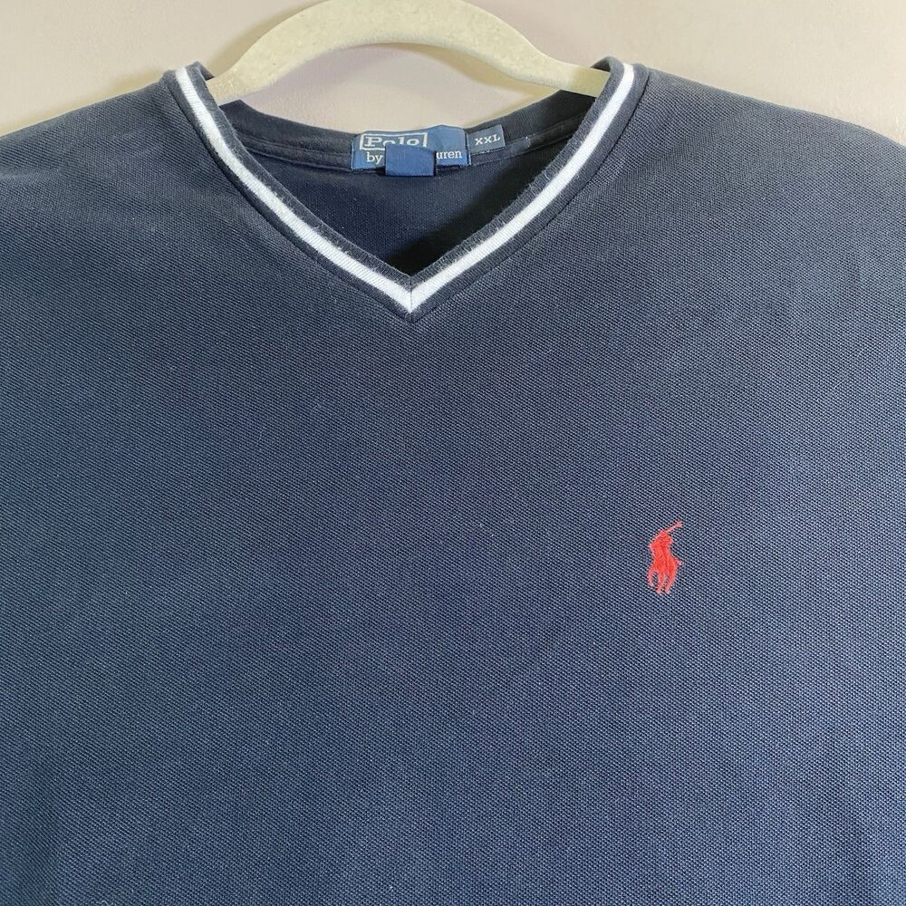 Vintage Polo Ralph Lauren Men’s V-Neck Sweater Short Sleeve Shirt Blue Size 2XL